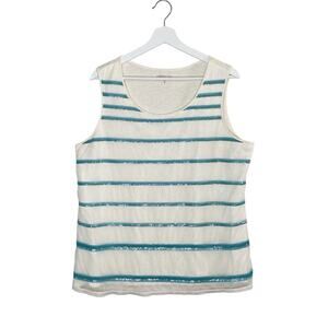 Coldwater Creek Top Womens XL 16 Striped Blue/Cream Sequin Mesh Layer Sleeveless